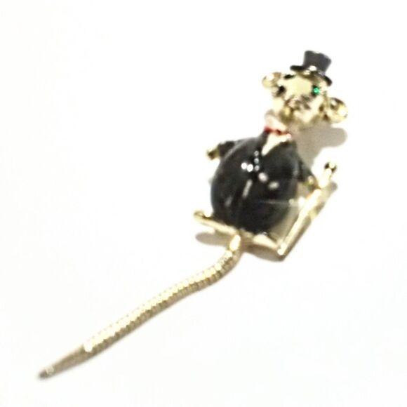 Vintage Mid Century Tuxedo Mouse Scatter Pin Brooch Gold Tone Figural Novelty - Picture 3 of 5